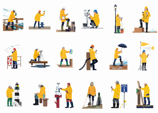 Collection of eighteen character illustrations featuring people in yellow raincoats performing various nautical and outdoor activities, isolated on a white background.