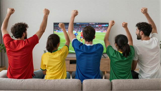 Five friends cheer enthusiastically while watching a soccer match on TV together.