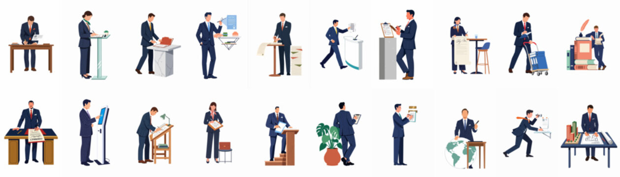 Professional business people illustration set featuring office workers at desks, making presentations, and collaborating in various workplace scenarios.