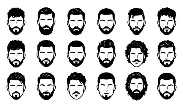 Men's Hairstyles and Beard Styles Vector Collection with Modern Haircuts and Facial Hair Silhouettes