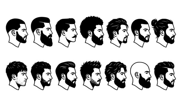 Modern Men's Haircuts and Beard Silhouettes Vector Set with Side Profile Barber Styles
