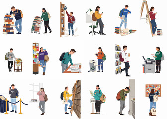 Fototapeta premium Collection of diverse university student illustrations engaged in academic activities like studying, researching, and using campus facilities in a library or campus setting.