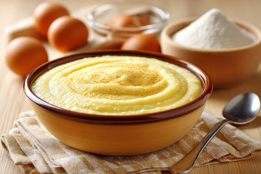 A bowl of creamy cornmeal mush or polenta with eggs and flour in the background, set on a wooden table with a spoon beside it.