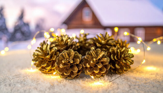 Christmas pine cone holiday winter snow decoration golden cottage light festive Christmas pine cone holiday winter snow decoration golden cottage light festive background with Christmas Concept