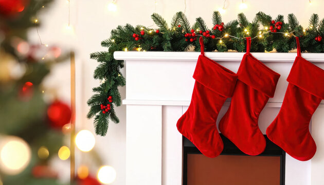 Christmas stocking red stocking holiday decoration fireplace mantel evergreen garland christmas light winter season festive home cozy interior celebration scene Christmas Concept