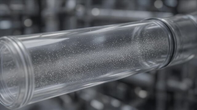 Cinematic macro industry background of sustainable laboratory glass tube water bubble pattern and transparent tube with tiny bubbles floating liquid creating futuristic clean science process backdrop