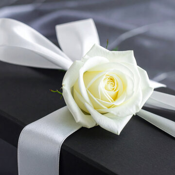 Elegant white rose white ribbon gift box romantic wedding celebration luxury floral love surprise lies on dark box creating tender mood for special moment Christmas Concept