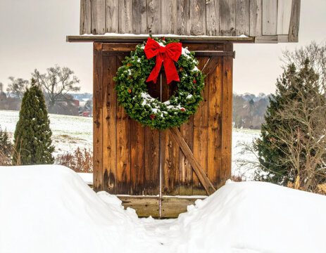 Christmas wreath red bow wooden door rustic barn winter snow holiday decoration country landscape evergreen farmhouse festive charm Christmas wreath with red bow rustic barn Christmas Concept