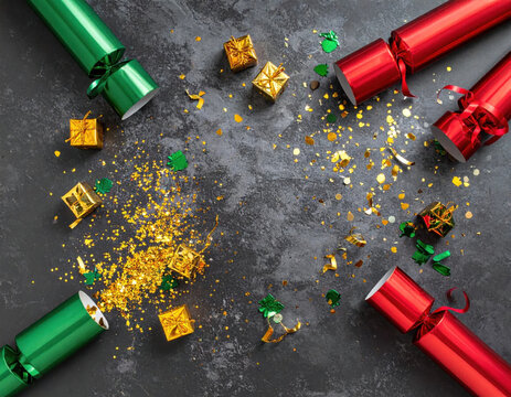 Festive cracker party popper christmas decoration holiday celebration gold confetti glitter gift box red green surprise Christmas Concept