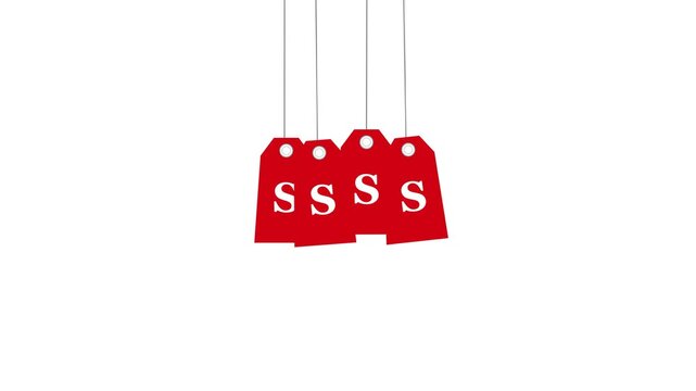Red Hanging Sale Tags with Dollar Sign Swinging on White Background