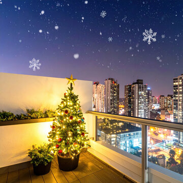 Festive balcony christmas tree city skyline night sky snowflake holiday light urban apartment outdoor decoration winter season celebration scene Christmas Concept