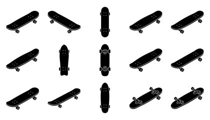 Set of black skateboard icons in various isometric angles and perspectives for sports and extreme activity design © MDTamizUddin