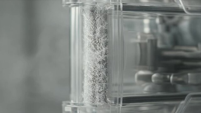 Cinematic macro view of sustainable transparent plastic filter container in modern industry background closeup capturing white vapor plume clean technology innovation atmosphere