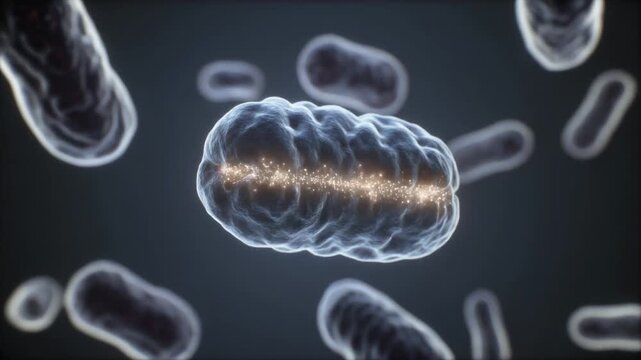 Scientific mitochondria visualization showing a simplified proton gradient concept for cellular respiration, biotechnology education, medical presentations, and research websites.