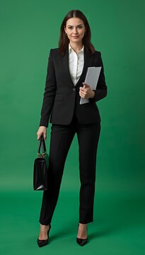 Confident Businesswoman in Black Suit on Green Background