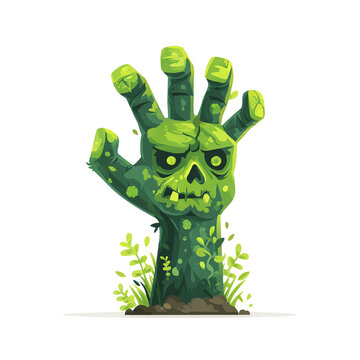 Creepy green zombie hand rising from the ground with scary face on palm, Halloween monster vector illustration transparent background design
