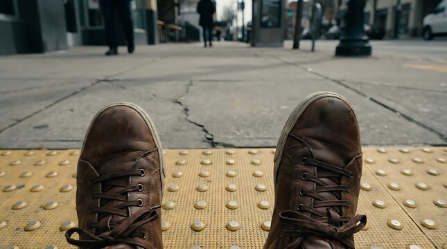 Brown leather shoes on yellow tactile paving