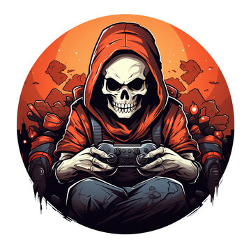 Cool gaming skeleton in a red hoodie holding a controller inside a round badge, esports gamer vector illustration transparent background design