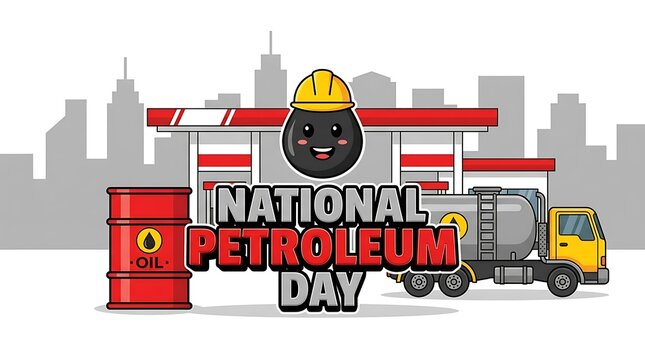 National Petroleum Day festival banner template, red oil barrel and truck, gas station background