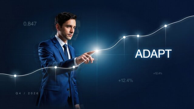 Businessman interacting with digital growth chart and adapt concept on holographic screen