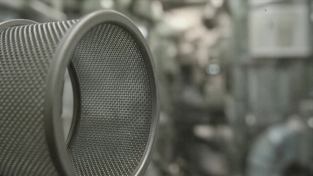 Cinematic industrial macro background with sustainable metal mesh cylinder machinery detail focus blur texture modern manufacturing equipment factory technology engineering production and clean