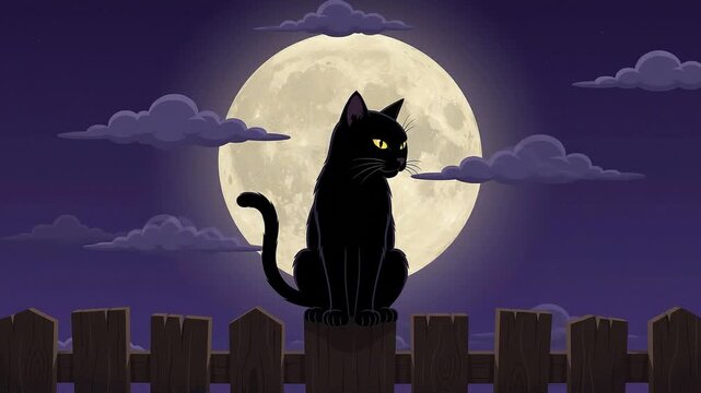 Black Cat on Fence with Full Moon Halloween Animation