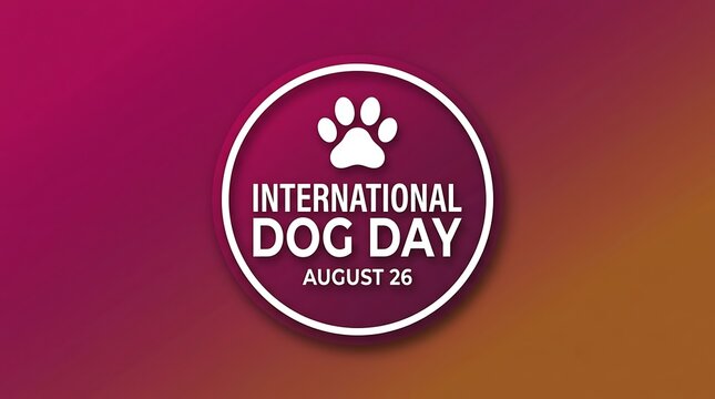 International Dog Day banner with August 26 date, dog paw print icon label on violet-orange gradient background, pet celebration graphic design concept