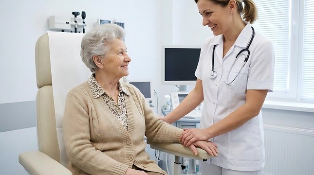Medical professional comforting elderly woman in clinic