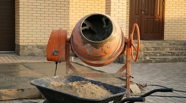Orange concrete mixer and wheelbarrow with sand