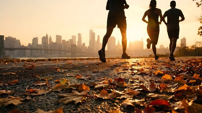 People jogging on path with autumn leaves and city skyline