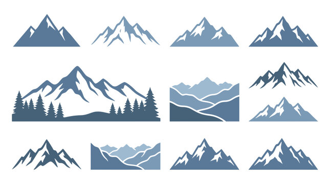 Blue mountain range landscape silhouette set.