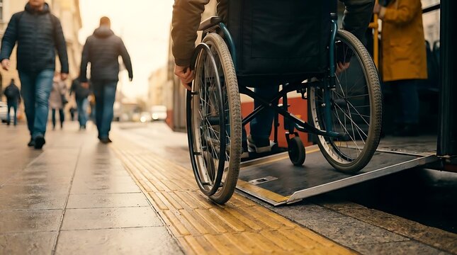 Person in wheelchair using sidewalk ramp