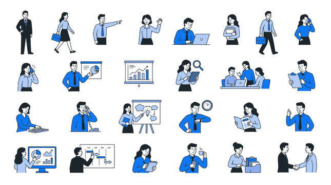 Blue and white office worker activity flat icons.