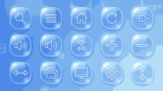 Blue bubble interface icons with glossy reflection.