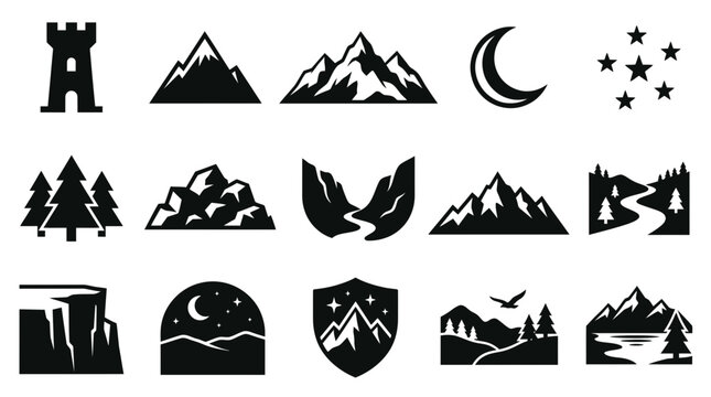 Black silhouette mountain peaks and forest landscapes.