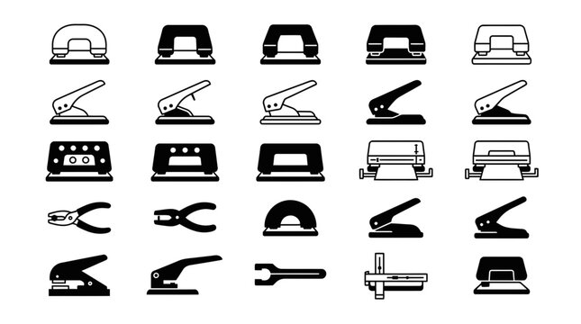Black silhouette office hole puncher icons