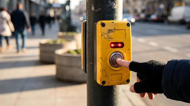 Person pressing yellow pedestrian crossing button