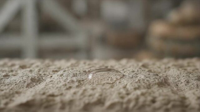 Macro water drop dusty surface cinematic background suggests sustainable industry texture detail and soft focus depth creating subtle mood and neutral abstract scene cinematic macro water droplet