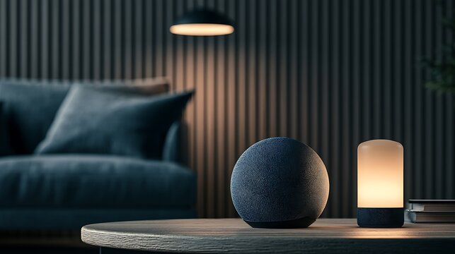 Smart home devices on a modern wooden table. Technology integration concept for a comfortable living room.