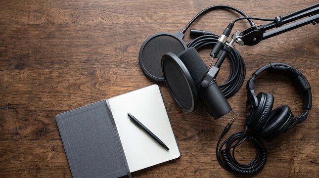 Podcast Studio Essentials: A professional microphone, pop filter, headphones, and a notebook with a pen are neatly arranged on a rustic wooden table, ready for recording a podcast.