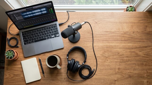 Podcast Studio Setup: A high-quality microphone, professional headphones, and a laptop with audio editing software are neatly arranged on a wooden desk, ready for a recording session.