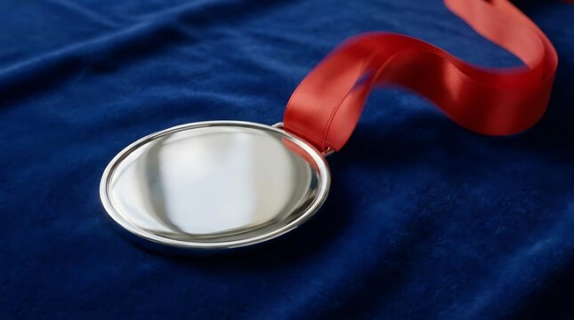 Silver award medal with red ribbon on blue background