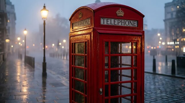 Red telephone booth on foggy city street