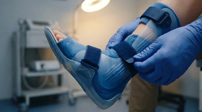 Healthcare worker adjusting a blue orthopedic walking boot