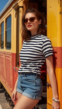 Stylish Young Woman Posing by Vintage Train on Sunny Day