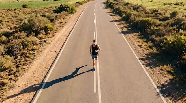 Man running on an empty asphalt road in nature