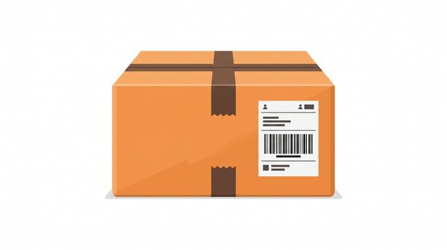 Ecommerce Parcel Flat Illustration &ndash; Sealed cardboard delivery package with abstract barcode label, isolated on white background for online orders and logistics designs.