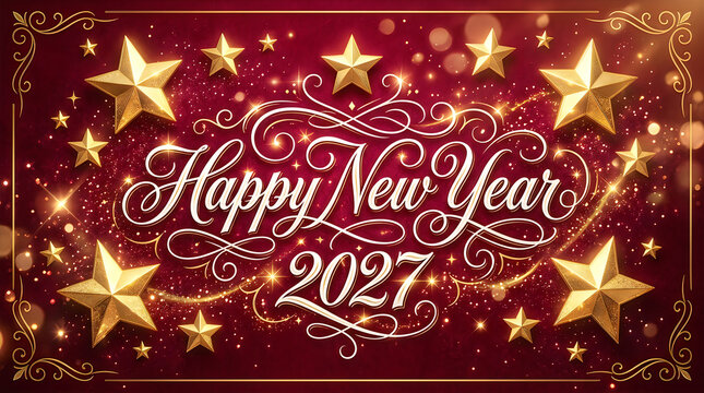 Elegant new year 2027 greeting with golden stars and swirls