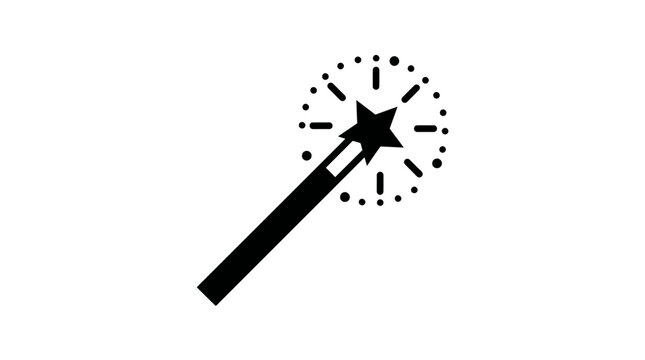 A black and white icon of a magic wand with sparkling stars.