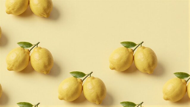 Bright yellow lemons with green leaves scattered on a soft beige background.